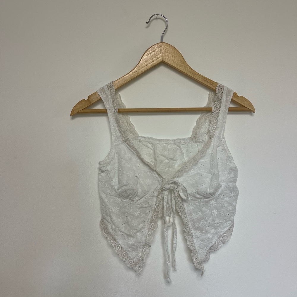 Lace-Trim White Eyelet Crop Top Tie-Front Tank